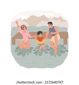 Swimming in a lake isolated cartoon vector illustration. Family on holiday, colorful swimming suits, parents and kids jumping in the water from a pier, lake in the mountains vector cartoon.