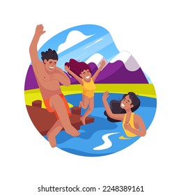 Swimming in a lake isolated cartoon vector illustration. Family on holiday, colorful swimming suits, parents and kids jumping in the water from a pier, lake in the mountains vector cartoon.