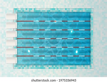 Swimming Lanes With Tranplines In The Pool, Top View. Blue Water In The Sports Pool. 