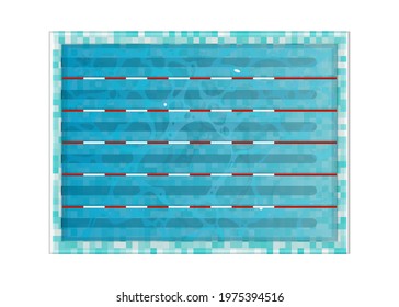 Swimming lanes with tranplines in the pool, top view. Blue water in the sports pool. Isolated. Vector illustration.