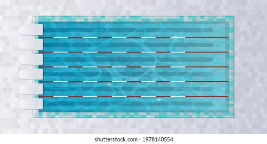 Swimming lanes with tranplines in the pool, top view. Blue water in the sports pool. Vector illustration.