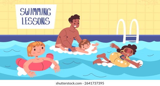 Swimming learn. Children swim in pool with coach, kids swimmers competition lesson water sport school practice exercise teacher training poolside class, classy vector illustration original artwork