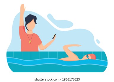 Swimming Lesson With A Coach, A Woman Teaches A Young Man To Swim In The Pool, Modern Vector Illustration In The Style Of Flat. Sports, Time Trial Competition.