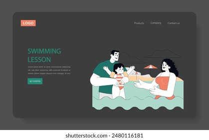 Swimming Lesson concept. A child takes a swim lesson with attentive parents in a pool, learning with joy and safety. Family bonding and aquatic education. Vector illustration.