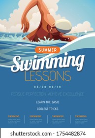 Swimming lesson promotion poster in flat style, with professional athlete doing freestyle in open water