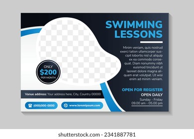 swimming lessons header page. Horizontal layout vector background template for page covers, flyers, leaflets or advertising billboards. space for photo and text. dark blue gradient background