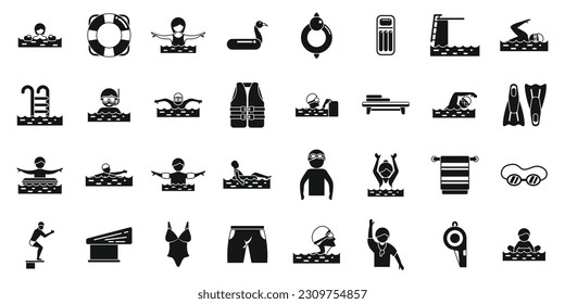 Iconos de clases de natación establecen un vector simple. Toalla de gimnasio. Bañera