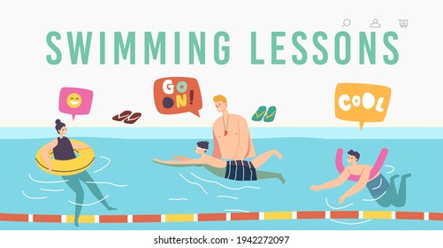 Swimming Lessons Landing Page Template. Coach Teaching Kids Characters in Pool. Girl and Boys with Training Tools, Learning to Swim, Sport Class, Children Swimmers. Cartoon People Vector Illustration