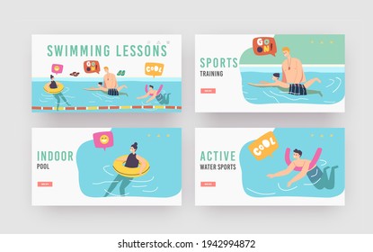 Swimming Lessons Landing Page Template Set. Coach Teaching Kids Characters In Pool. Girl And Boys With Training Tools, Learning To Swim, Children Swimmers Sport. Cartoon People Vector Illustration