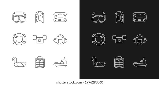 Swimming lessons linear icons set for dark and light mode. Flotation aid. Puddle jumper. Eyes protection. Customizable thin line symbols. Isolated vector outline illustrations. Editable stroke