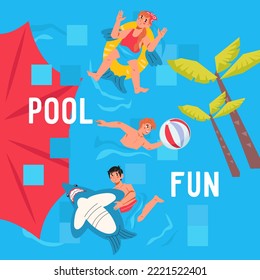 Swimming lessons or pool party fun for children. Swimming class and pool party for kids advertising banner or invitation poster template, flat vector illustration.