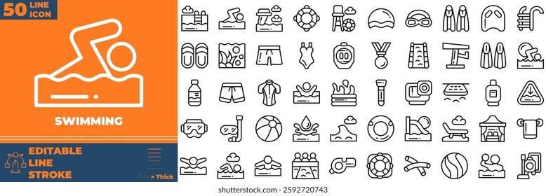 Swimming Line Editable Icons set. Vector illustration in modern thin line style of swimming icons: swimming pool. Swim, dive, champion, etc