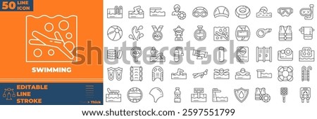 Swimming Line Editable Icons set. Vector illustration in modern thin line style of swimming icons:  summer, beach activity, swimsuit, etc