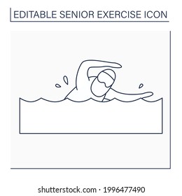 Icono de línea de natación. Actividad física. Hombre nade en la piscina. Mantiene los músculos en el tonus. Formación. Concepto de ejercicio superior. Ilustración vectorial aislada. Trazo editable