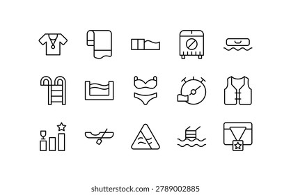 Swimming line icon set. Pool, maintenance tools, safety equipment, water accessories, spa elements, scuba diving, fins, air tank line icon set. UI thin line icon pack.