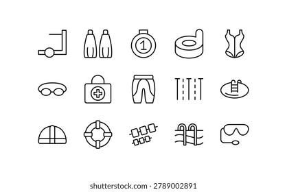 Swimming line icon set. Pool, maintenance tools, safety equipment, water accessories, spa elements, scuba diving, fins, air tank line icon set. UI thin line icon pack.