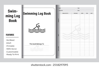 Swimming Logbook Vector Illustration for Tracking Pool Workouts, Minimalist Swimming Logbook Design for Swimmers and Coaches