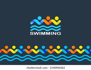 Logo de natación y diseño de borde sobre fondo azul oscuro. Vector