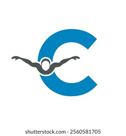 Swimming Logo combine with letter C vector template