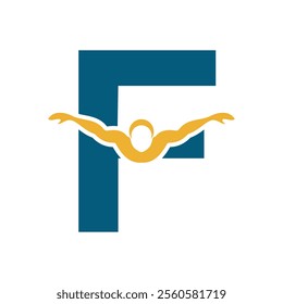 Swimming Logo combine with letter F vector template