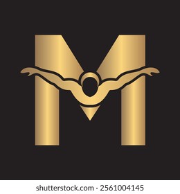 Swimming Logo combine with letter M vector template