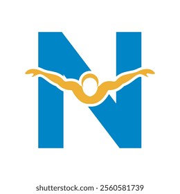 Swimming Logo combine with letter N vector template