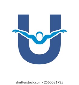 Swimming Logo combine with letter U vector template