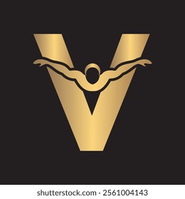 Swimming Logo combine with letter V vector template