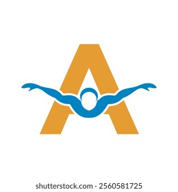 Swimming Logo combine with letter A vector template