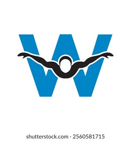 Swimming Logo combine with letter W vector template