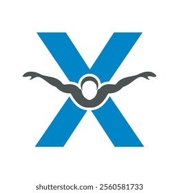 Swimming Logo combine with letter X vector template