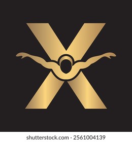 Swimming Logo combine with letter X vector template