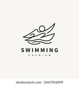 swimming logo design with athlete swim and sea wave 
