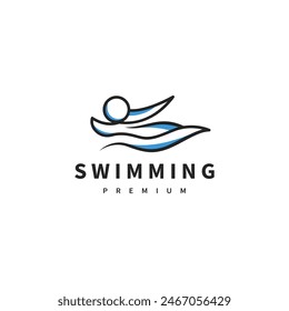 swimming logo design with athlete swim and sea wave 