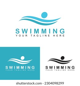 Swimming logo illustration design. Sign of people swimming and blue water.