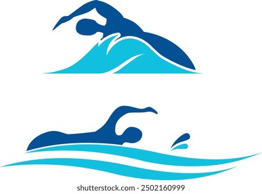 Swimming logo Simple Blue silhouette Sea Ocean Water Wave Logo design, Swim logo vector, Blue swimming logo with abstract silhouette, swimming person vector for swimming sport athlete logos design