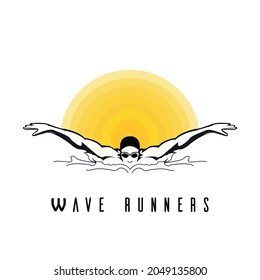 Swimming Logo. Swimmer icon with caption. Vector illustration Butterfly Swimming Icon, Athlete Silhouette
