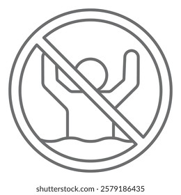 Swimming man ban thin line icon, prohibited elements concept. Vector graphics. Swim area, human drowning forbidden sign on white background, outline style icon for mobile or web design