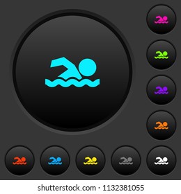 Swimming man dark push buttons with vivid color icons on dark grey background