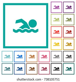 Swimming man flat color icons with quadrant frames on white background