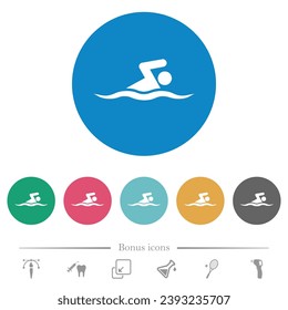 Swimming man flat white icons on round color backgrounds. 6 bonus icons included.