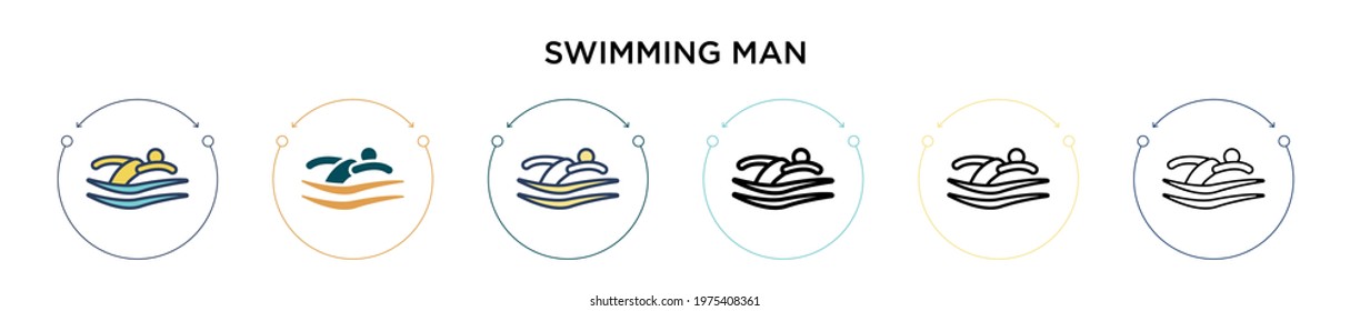 Swimming man icon in filled, thin line, outline and stroke style. Vector illustration of two colored and black swimming man vector icons designs can be used for mobile, ui, web