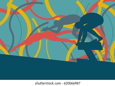 Swimming man jump abstract landscape vector background with lines