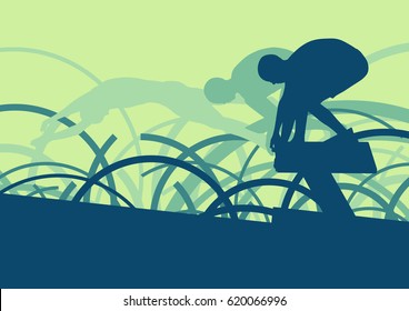 Swimming man jump abstract landscape vector background with lines