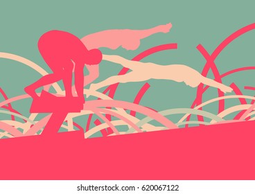 Swimming man jump abstract landscape vector background with lines