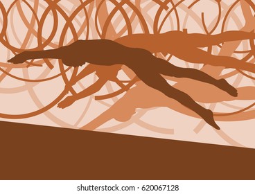 Swimming man jump abstract landscape vector background with lines