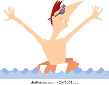 Homem nadando com boia salva-vidas. Homem nadador com boia salva-vidas. Verão. Resort. Recreação na água	