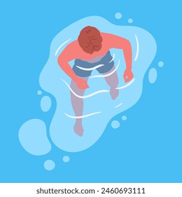 Nadador. Carácter masculino flotando en la piscina o el océano, actividad de vacaciones de verano Ilustración vectorial plana. Chico relajante y nadando en el agua