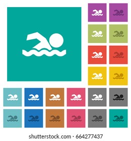 Swimming man multi colored flat icons on plain square backgrounds. Included white and darker icon variations for hover or active effects.