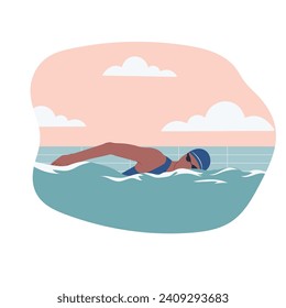 Nadador en piscina, competición de natación. Ilustración vectorial colorida aislada en fondo blanco. Diseño de dibujos animados para la impresión de camisetas, afiche, icono, tarjeta, logotipo, etiqueta, pancarta o pegatina